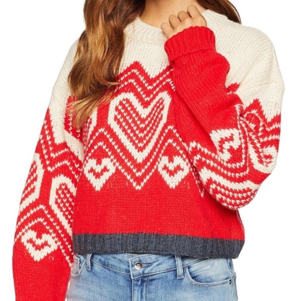 Free People Red and Cream Crew Neck Sweater